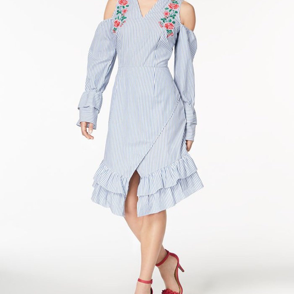 XOXO Striped Embroidered Wrap Dress